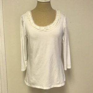 White 3/4 Length Sleeve Blouse with Voile Trim